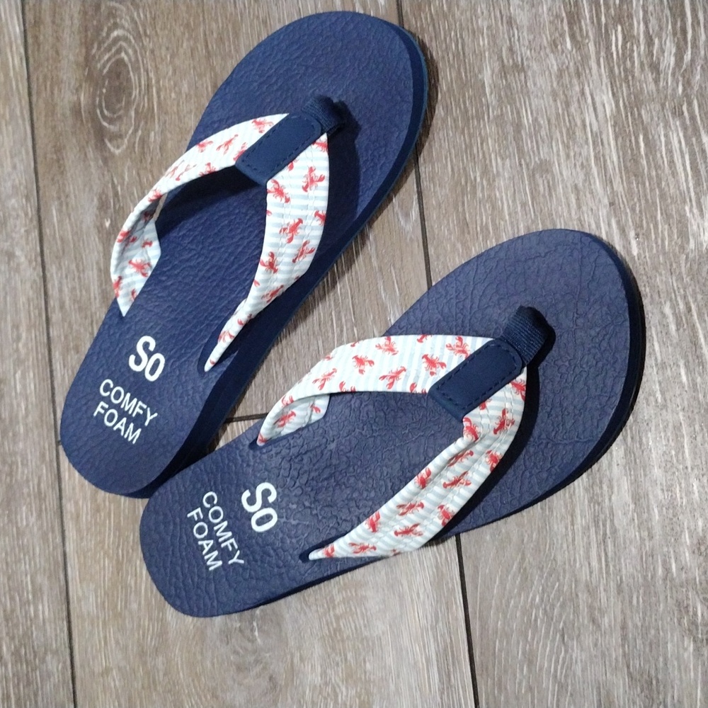 So navy blue flip flops with red lobster straps. Mint condition. 9 inches long